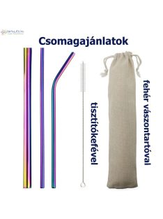   10 darabos fém szívószál készlet - Szivárvány színű, tisztítókefével, vászon tasakkal 